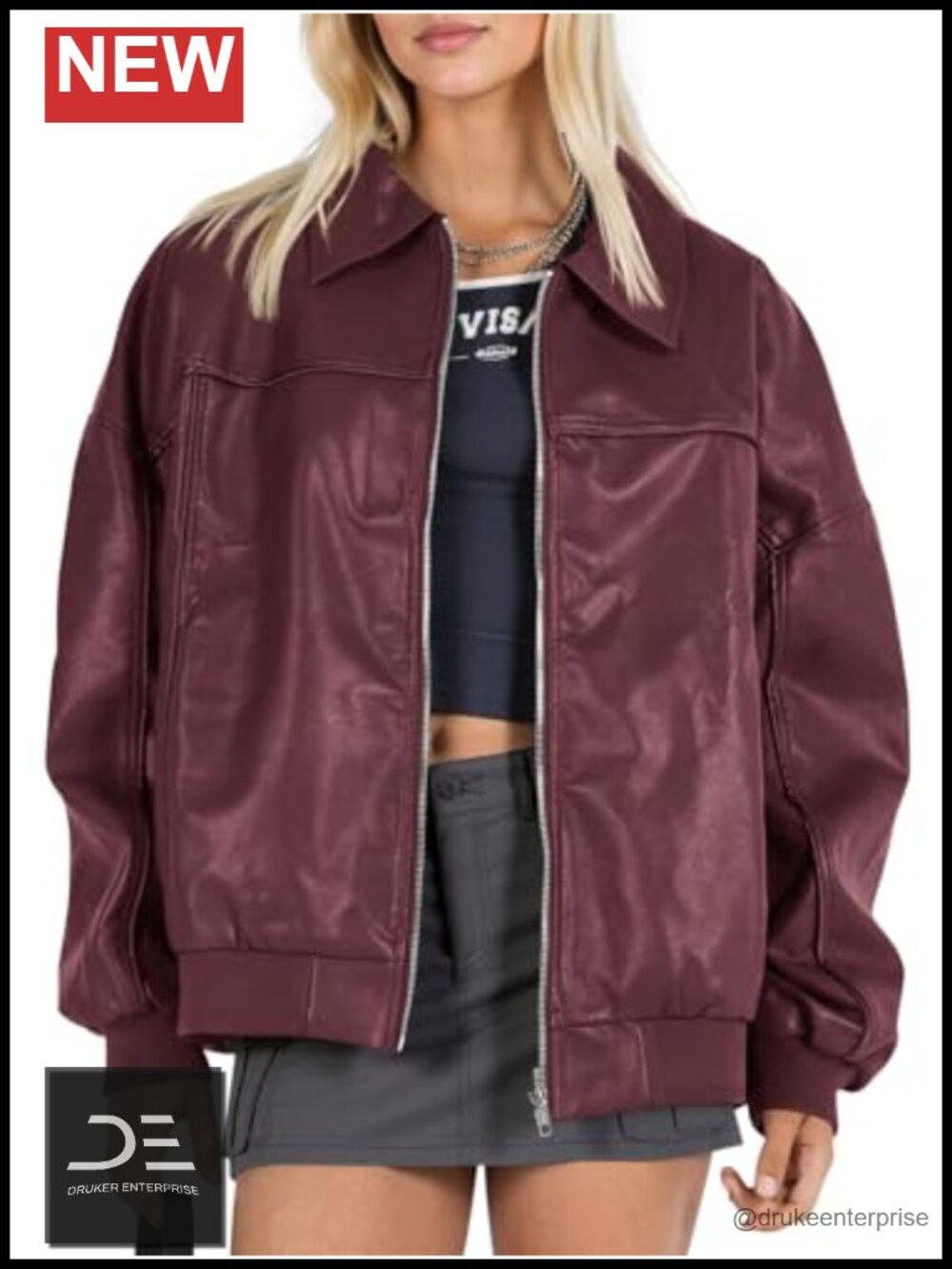 Faux Leather Jacket Oversized Bomber Zip Moto Biker Coat